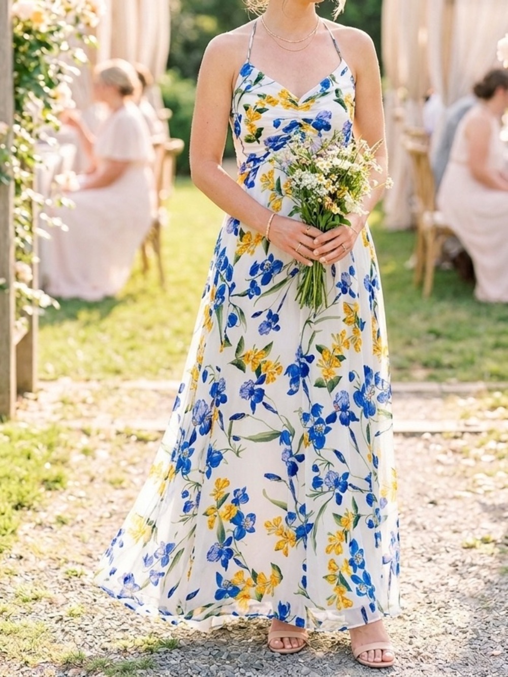 Floral Maxi Dress Criss-Cross Back S Express Fairy Wedding Soft Girl Mermaid